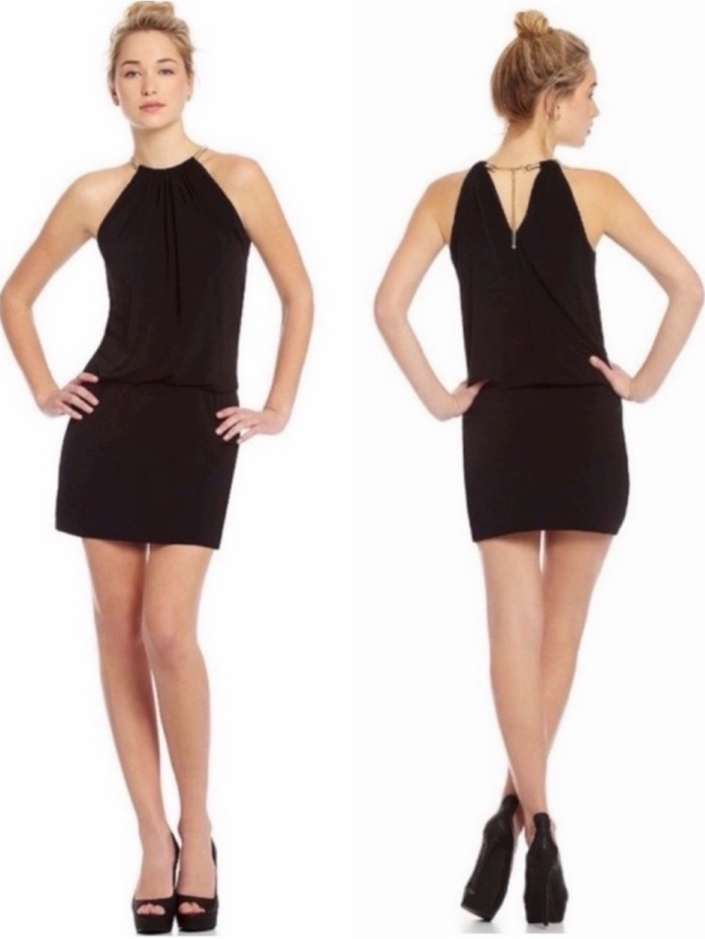 JESSICA SIMPSON Black Blouson Mini Dress Size 4 Gold Halter Neck